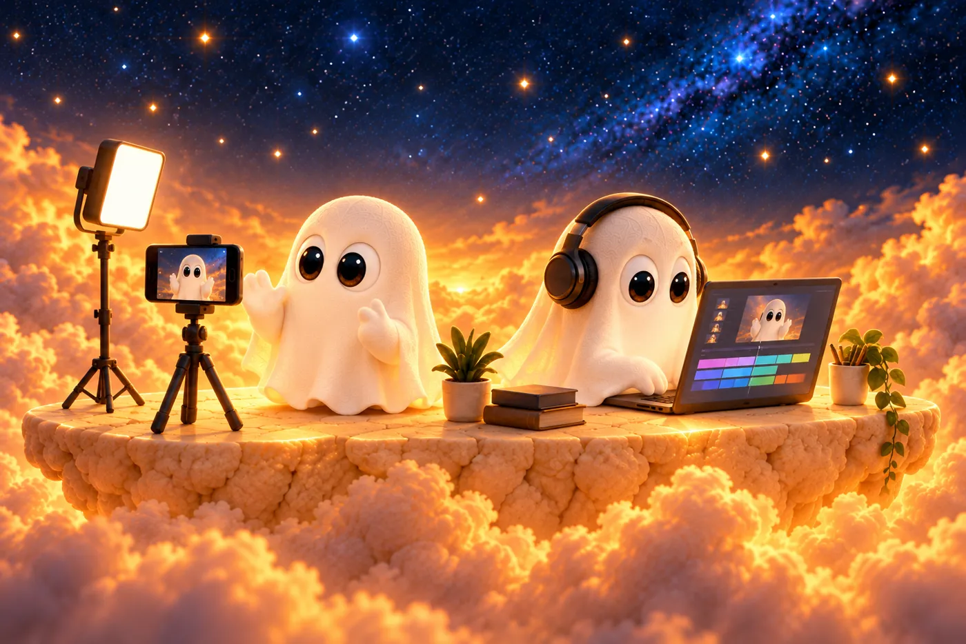 Un fantasma se graba con el celular mientras otro edita en la laptop