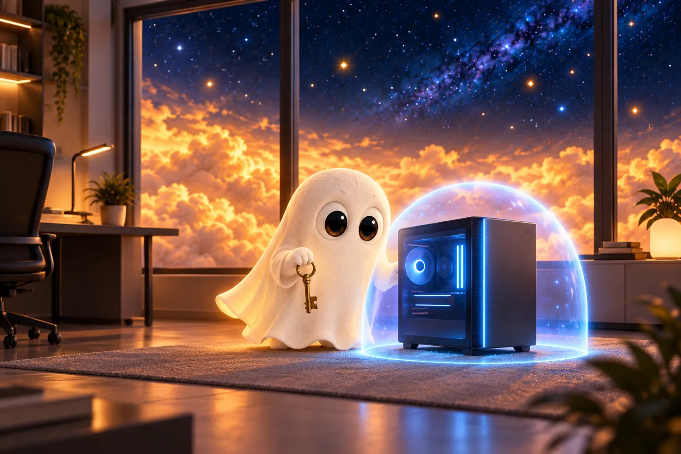 Un fantasma guarda la máquina instalada en la oficina