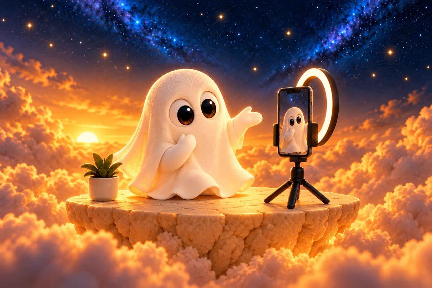 El fantasma se graba con el celular y un aro de luz sobre las nubes