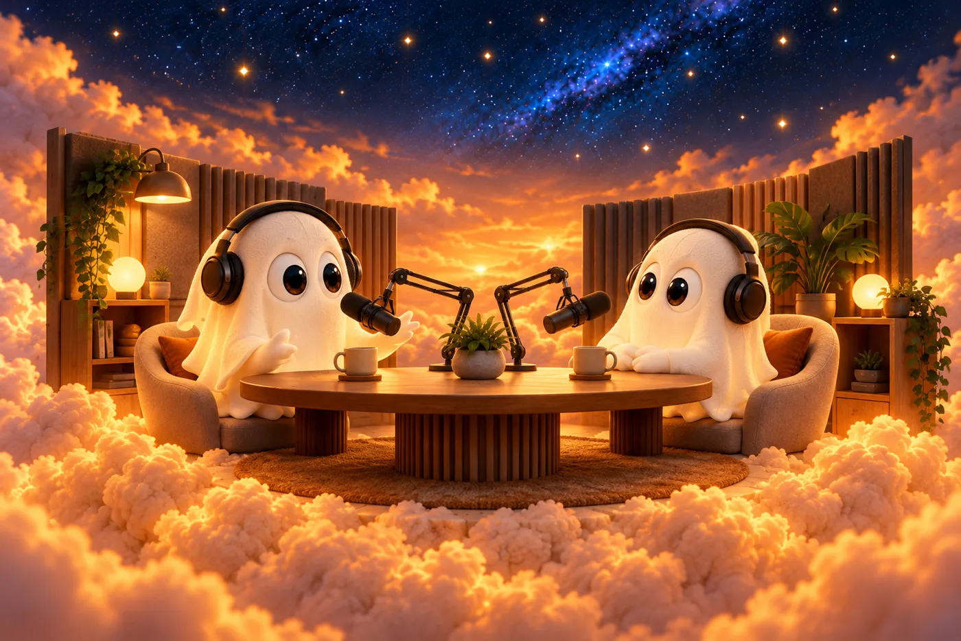 Dos fantasmas graban un podcast en un estudio sobre las nubes