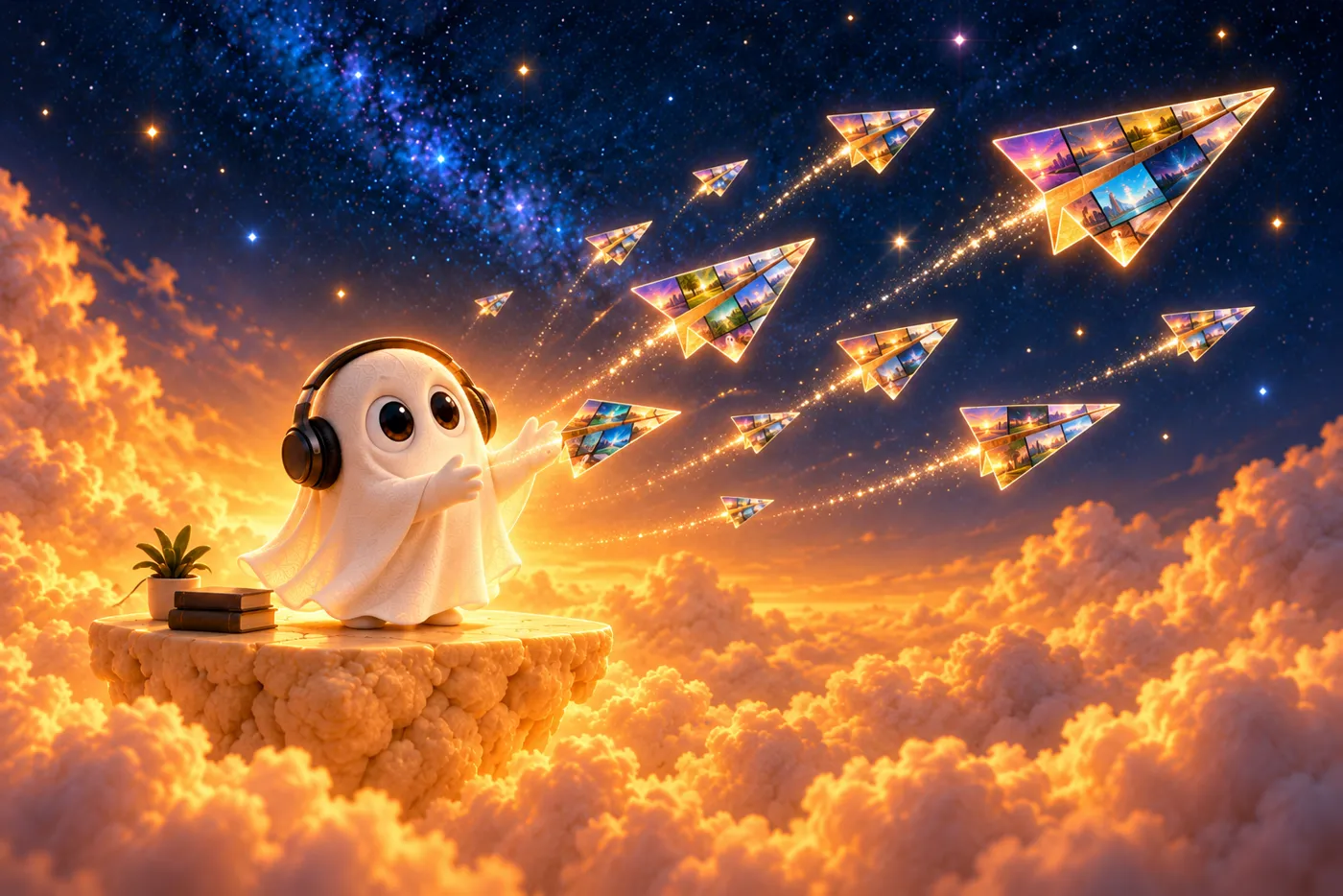 Aviones de papel con miniaturas de video vuelan hacia el cielo